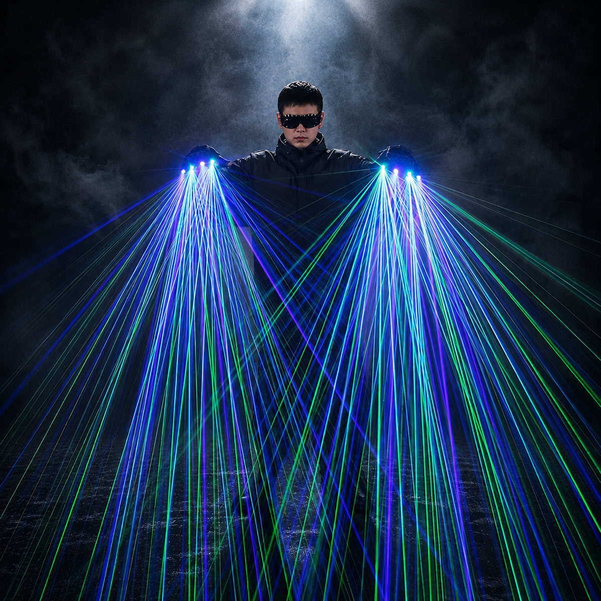 Blue and green laser performance gloves for a DJ stage show