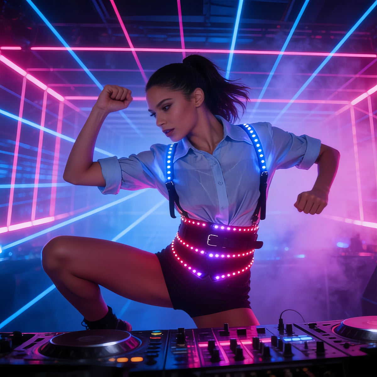 Women's LED light-up waist belt harness with illuminated straps