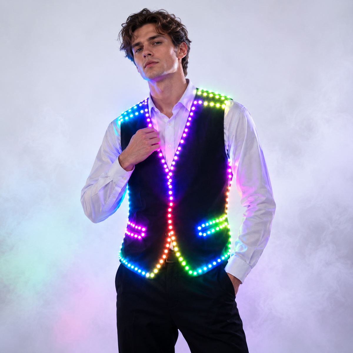 Multicolor RGB LED glow vest used to illustrate planned costume color cues