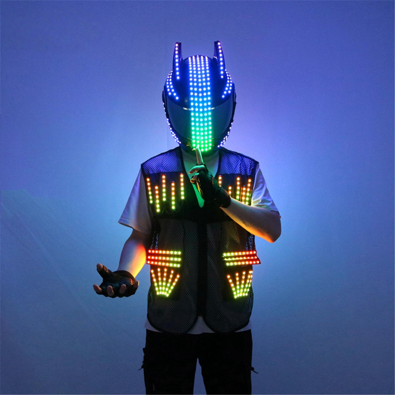 LED Cyber Helmet & Colorful Vest – Glowing Party Costume Props
