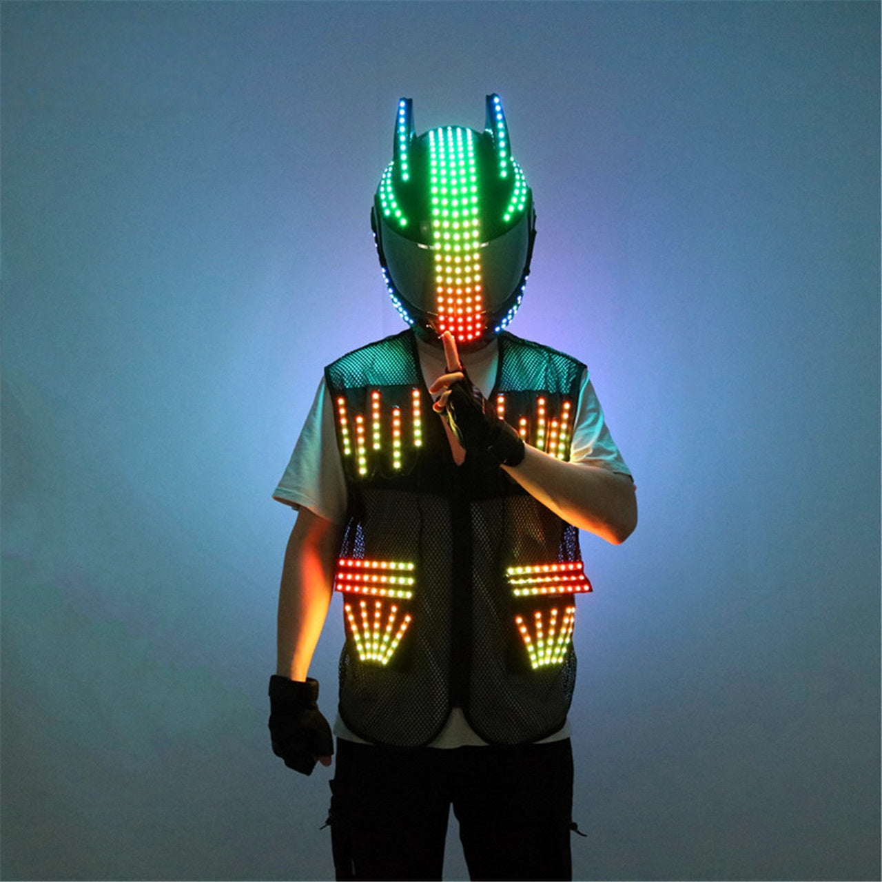 LED Cyber Helmet & Colorful Vest – Glowing Party Costume Props