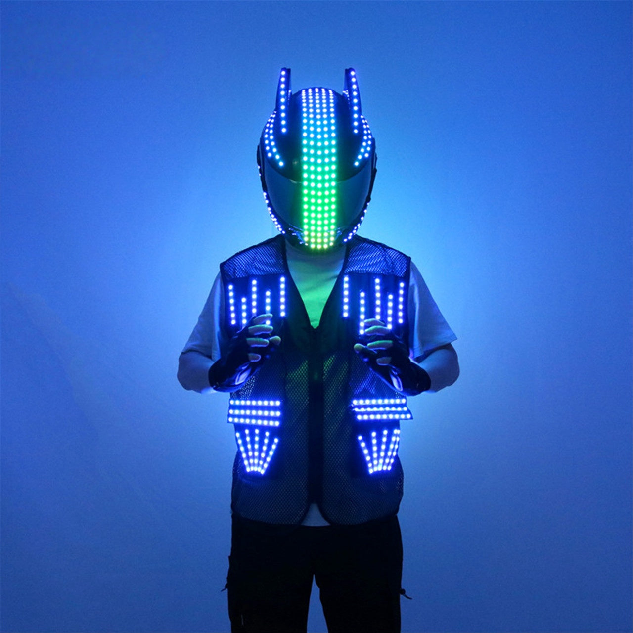 LED Cyber Helmet & Colorful Vest – Glowing Party Costume Props