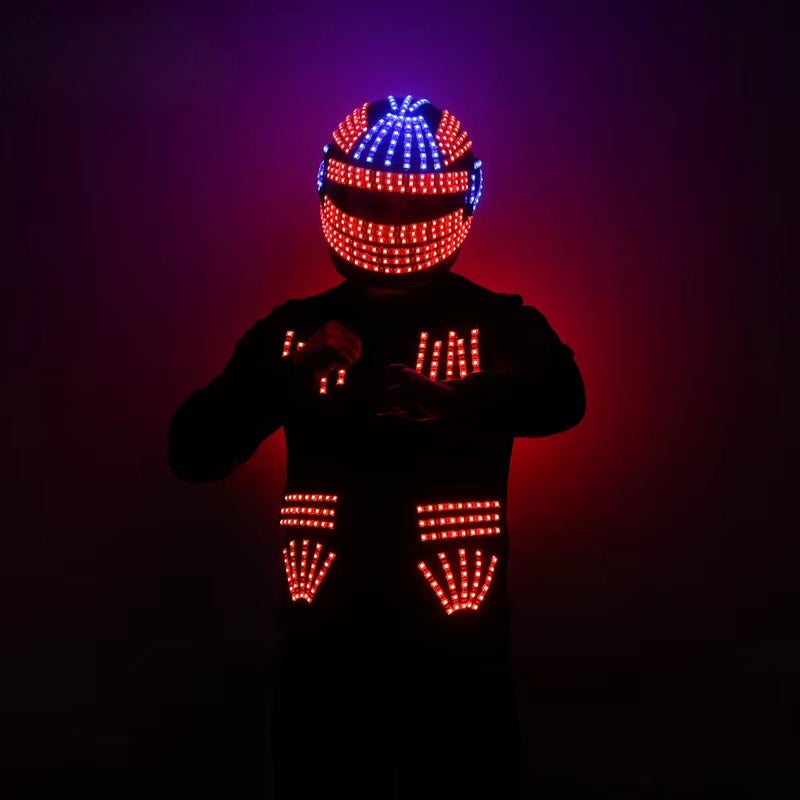 Colorful LED Glowing Helmet & Vest Set – Light-Up Party Costume Props