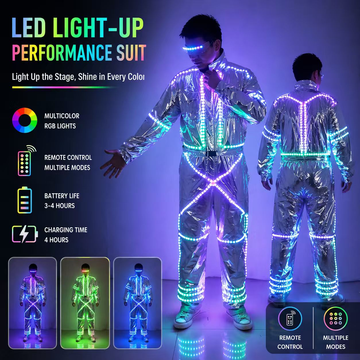 Unisex Futuristic LED Robot Suit – Silver Mirror Performance Outfit for Raves, Parties & Stage Shows