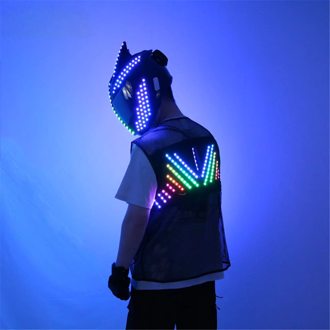 LED Cyber Helmet & Colorful Vest – Glowing Party Costume Props