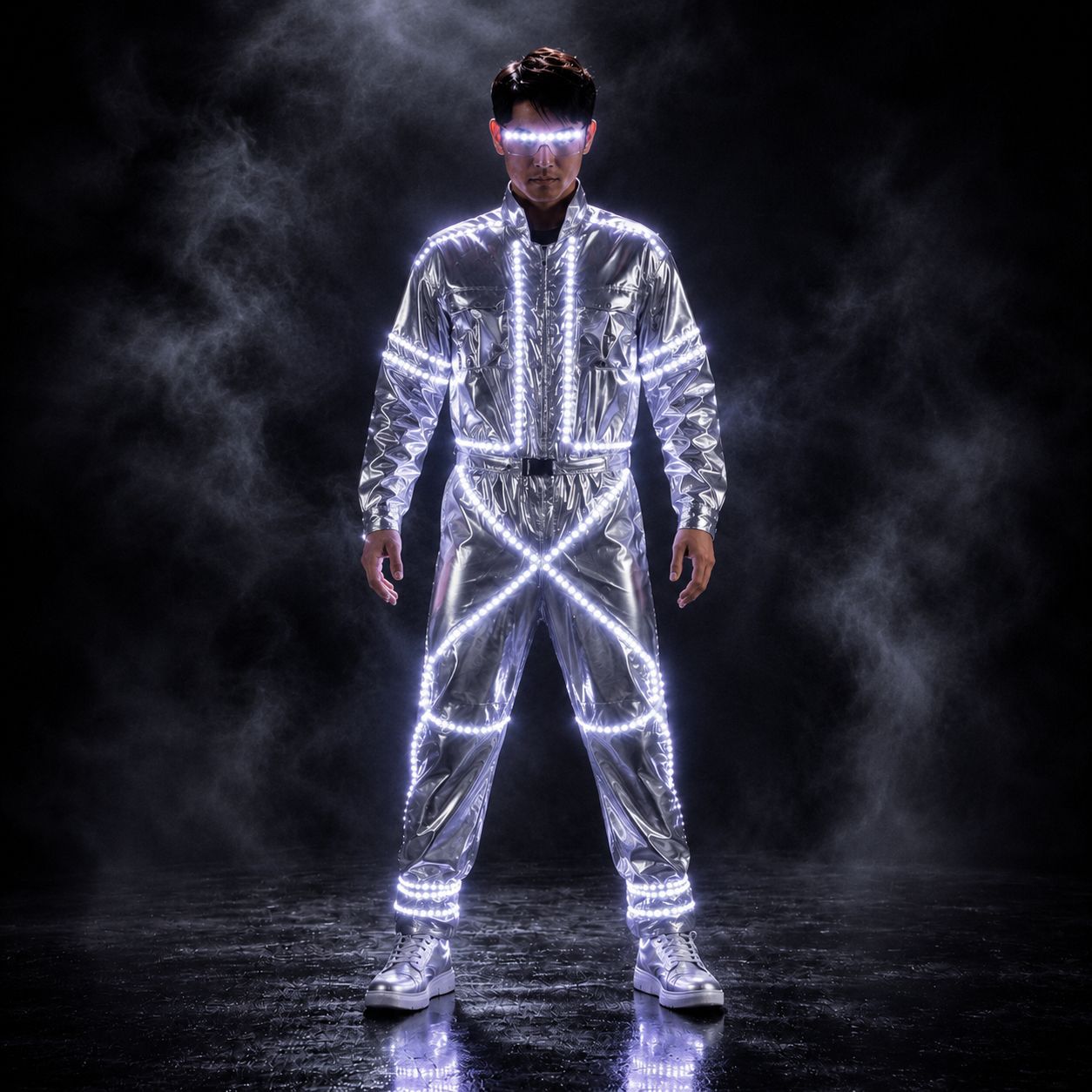 Unisex Futuristic LED Robot Suit – Silver Mirror Performance Outfit for Raves, Parties & Stage Shows